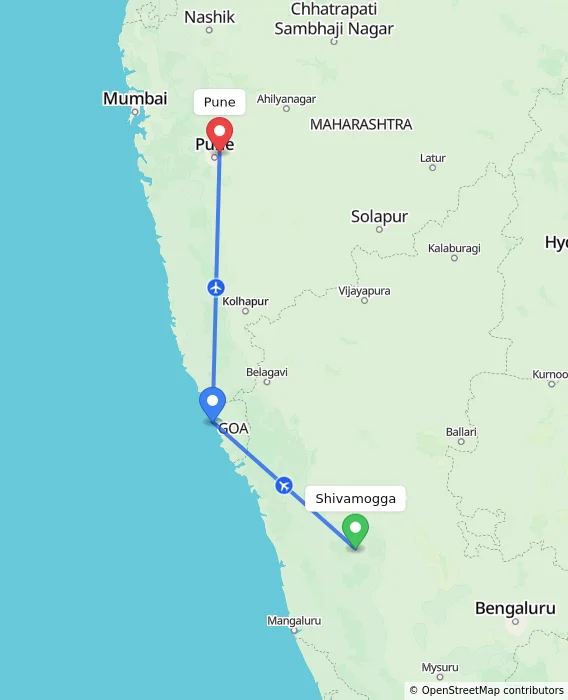 Route map showing distance and travel time from Shivamogga, India to Pune, India