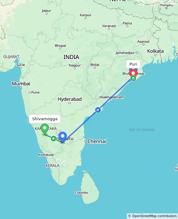 Route map showing distance and travel time from Shivamogga, India to Puri, India