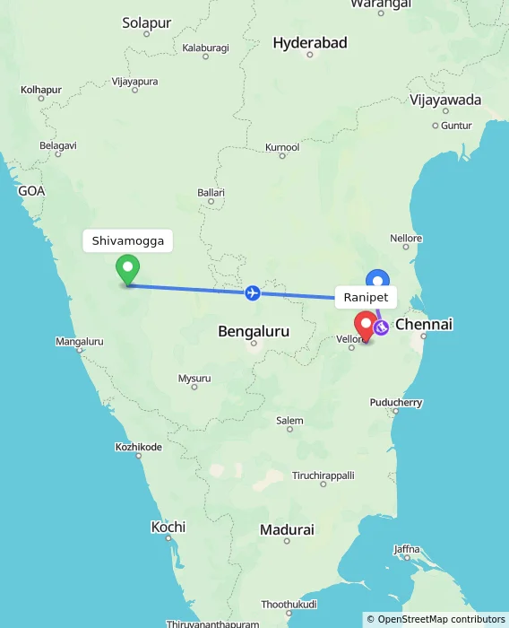 Route map showing distance and travel time from Shivamogga, India to Ranipet, India