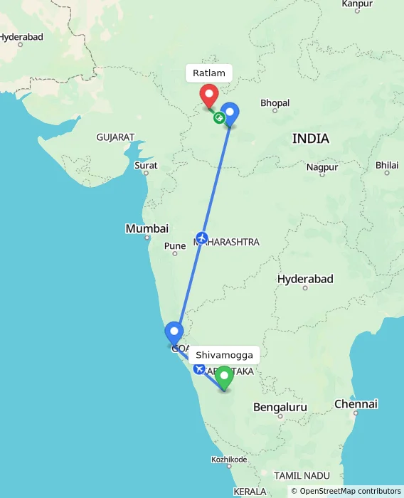 Route map showing distance and travel time from Shivamogga, India to Ratlam, India