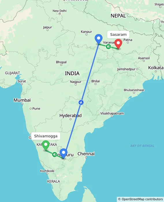 Route map showing distance and travel time from Shivamogga, India to Sasaram, India