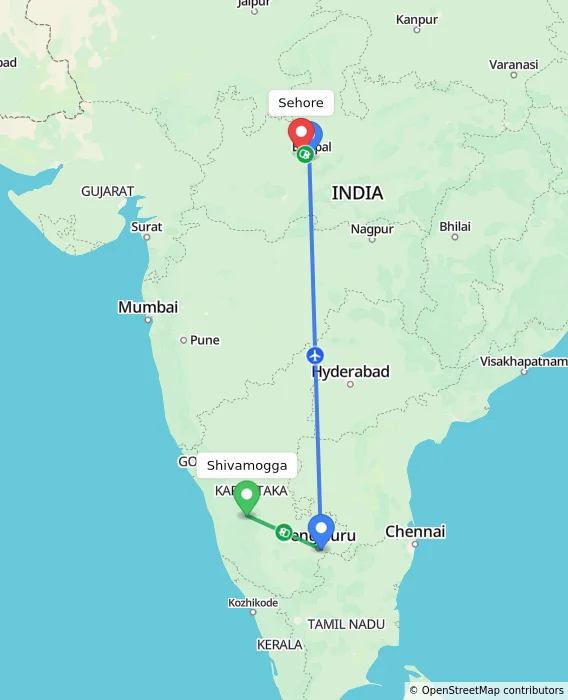 Route map showing distance and travel time from Shivamogga, India to Sehore, India