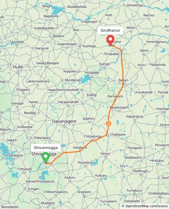 Route map showing distance and travel time from Shivamogga, India to Sindhanur, India