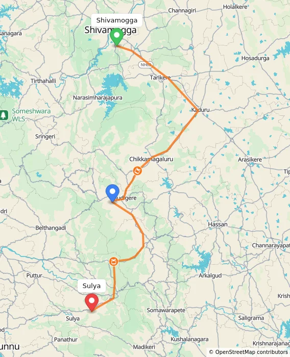 Route map showing distance and travel time from Shivamogga, India to Sulya, India