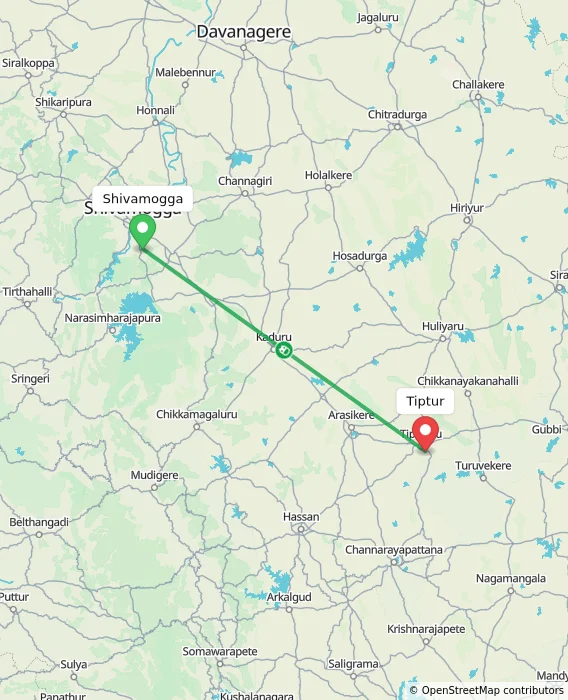 Route map showing distance and travel time from Shivamogga, India to Tiptur, India