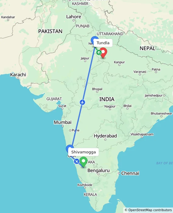 Route map showing distance and travel time from Shivamogga, India to Tundla, India