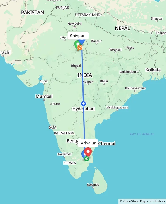 Route map showing distance and travel time from Shivpuri, India to Ariyalur, India