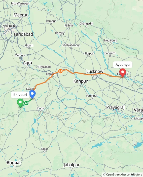 Route map showing distance and travel time from Shivpuri, India to Ayodhya, India