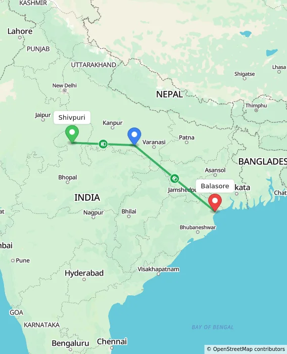 Route map showing distance and travel time from Shivpuri, India to Balasore, India