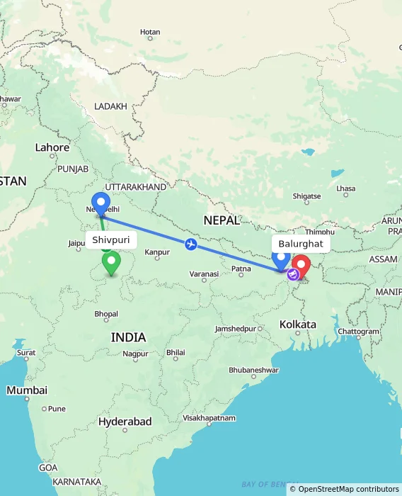 Route map showing distance and travel time from Shivpuri, India to Balurghat, India