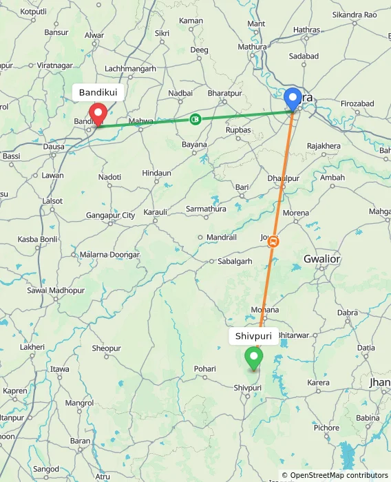 Route map showing distance and travel time from Shivpuri, India to Bandikui, India