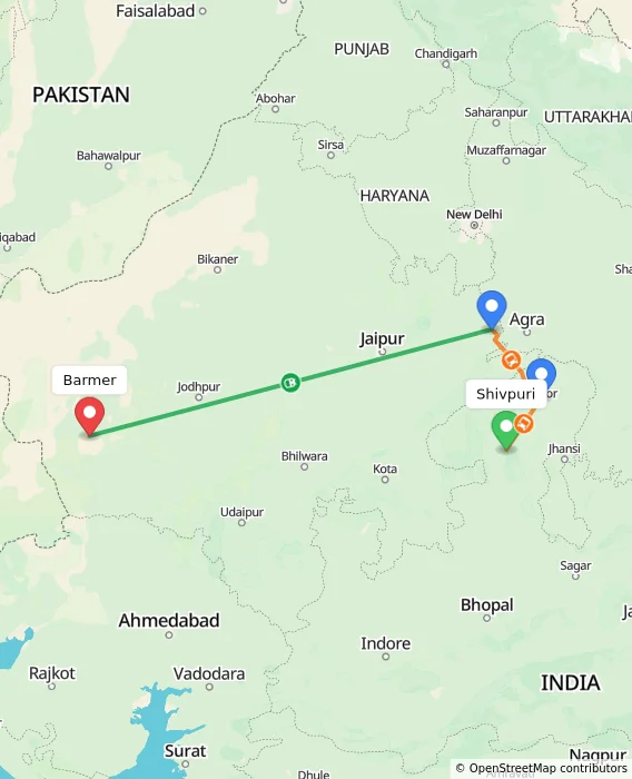 Route map showing distance and travel time from Shivpuri, India to Barmer, India
