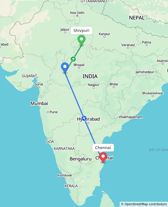 Route map showing distance and travel time from Shivpuri, India to Chennai, India