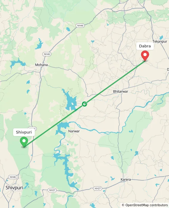 Route map showing distance and travel time from Shivpuri, India to Dabra, India
