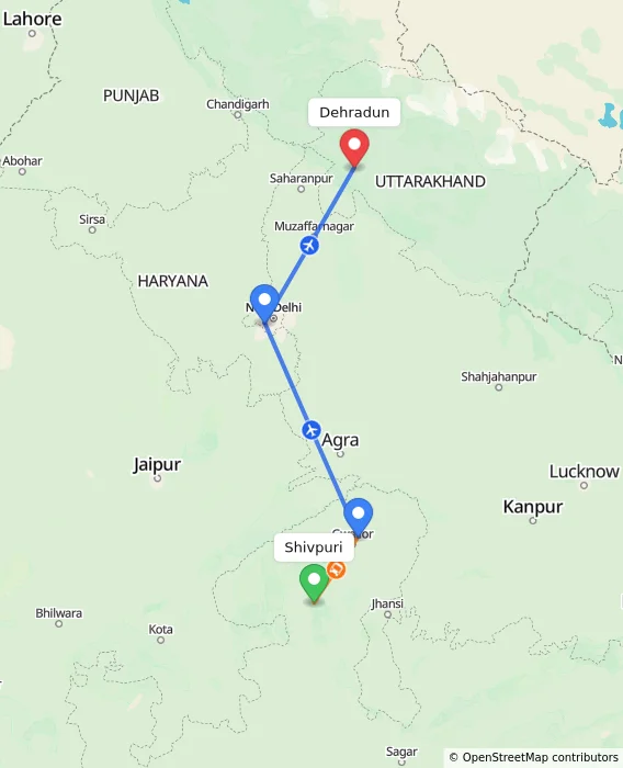 Route map showing distance and travel time from Shivpuri, India to Dehradun, India