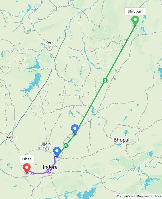 Route map showing distance and travel time from Shivpuri, India to Dhar, India
