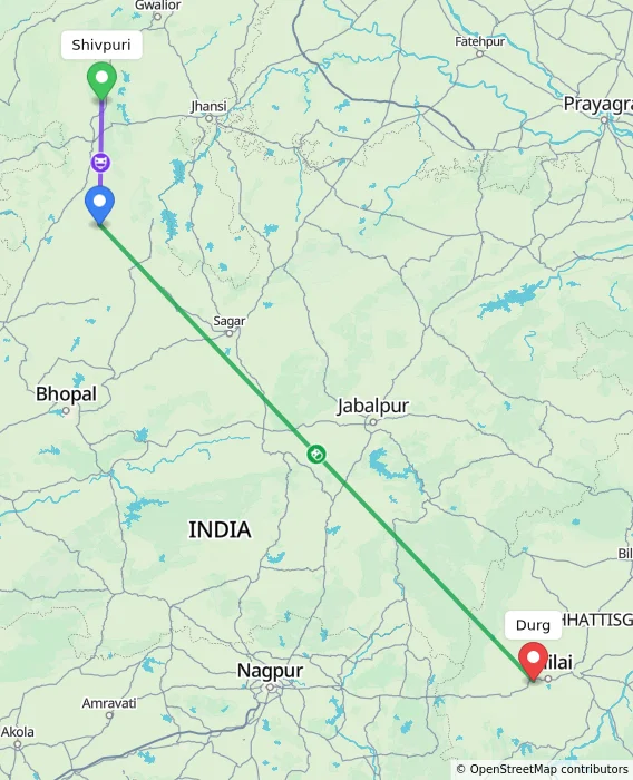 Route map showing distance and travel time from Shivpuri, India to Durg, India