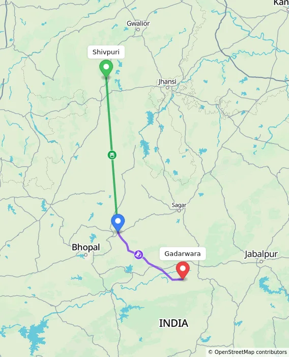 Route map showing distance and travel time from Shivpuri, India to Gadarwara, India