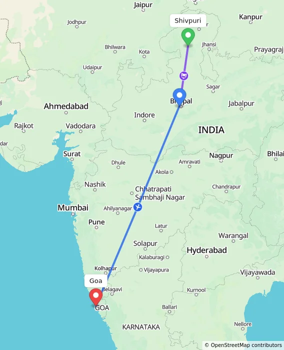Route map showing distance and travel time from Shivpuri, India to Goa, India