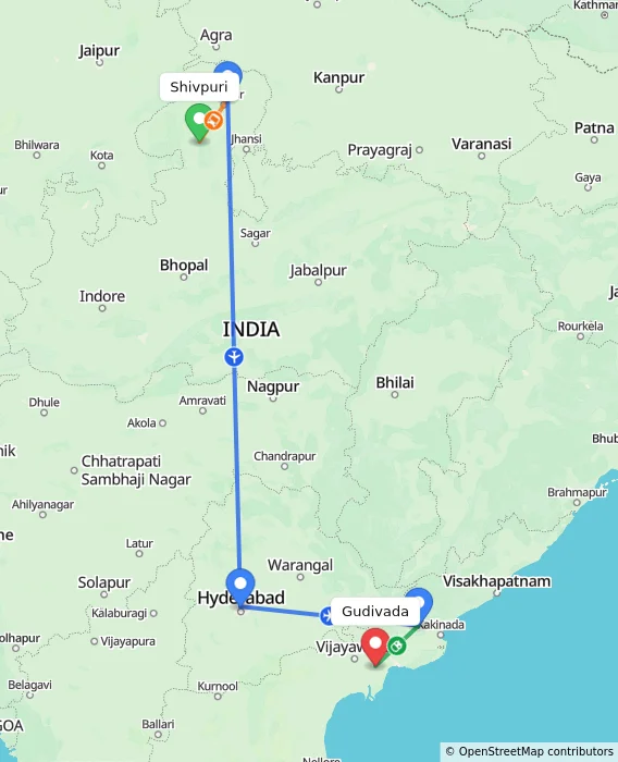 Route map showing distance and travel time from Shivpuri, India to Gudivada, India