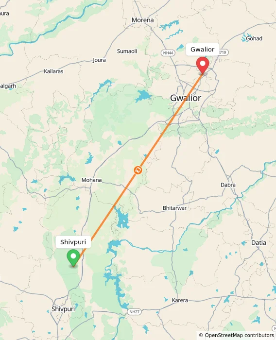 Route map showing distance and travel time from Shivpuri, India to Gwalior, India