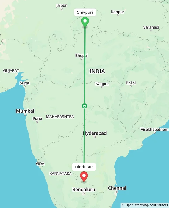 Route map showing distance and travel time from Shivpuri, India to Hindupur, India