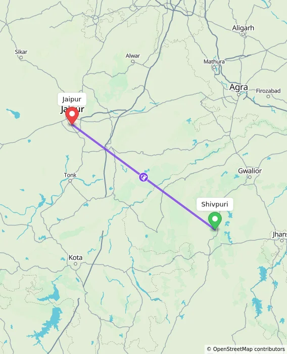Route map showing distance and travel time from Shivpuri, India to Jaipur, India
