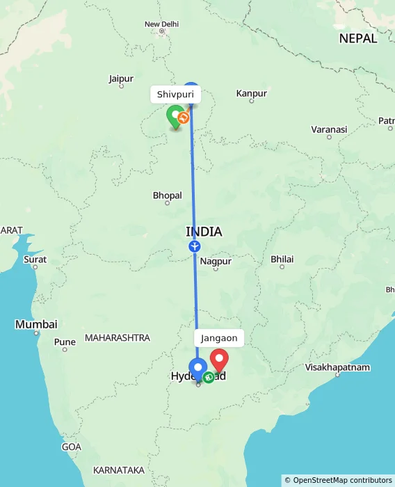 Route map showing distance and travel time from Shivpuri, India to Jangaon, India