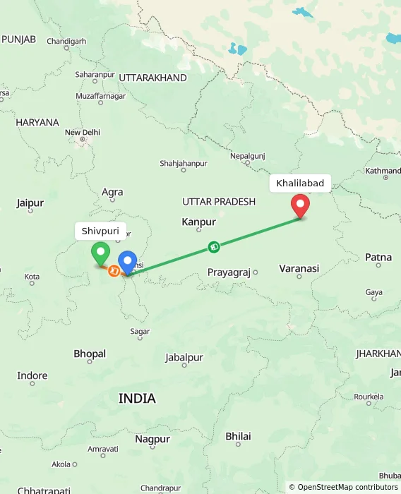 Route map showing distance and travel time from Shivpuri, India to Khalilabad, India