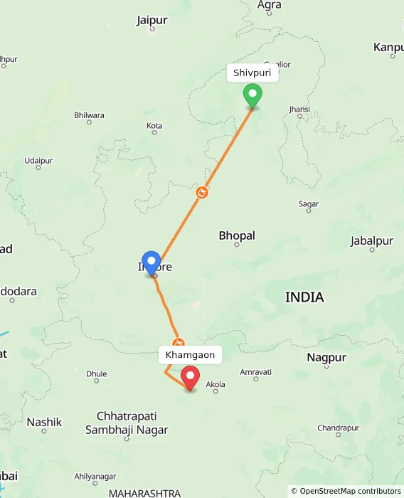 Route map showing distance and travel time from Shivpuri, India to Khamgaon, India