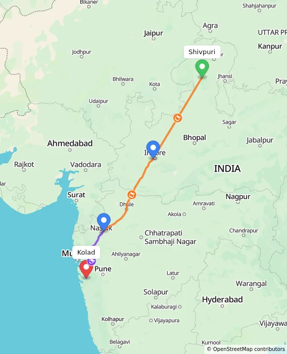 Route map showing distance and travel time from Shivpuri, India to Kolad, India