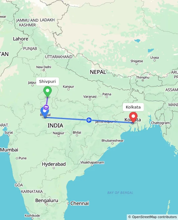 Route map showing distance and travel time from Shivpuri, India to Kolkata, India