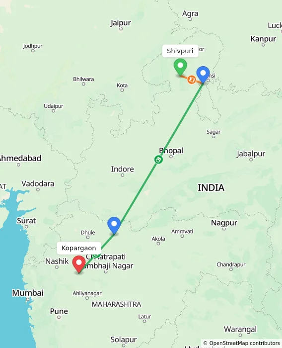 Route map showing distance and travel time from Shivpuri, India to Kopargaon, India