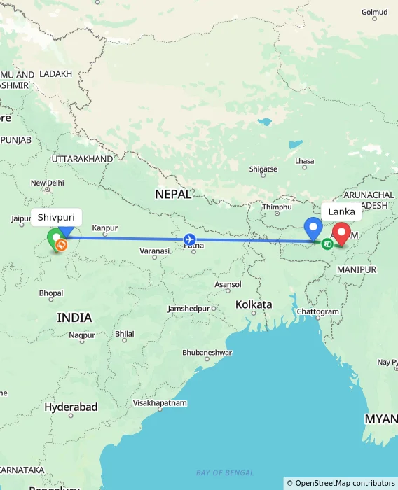 Route map showing distance and travel time from Shivpuri, India to Lanka, India