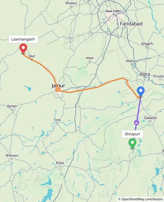 Route map showing distance and travel time from Shivpuri, India to Laxmangarh, India