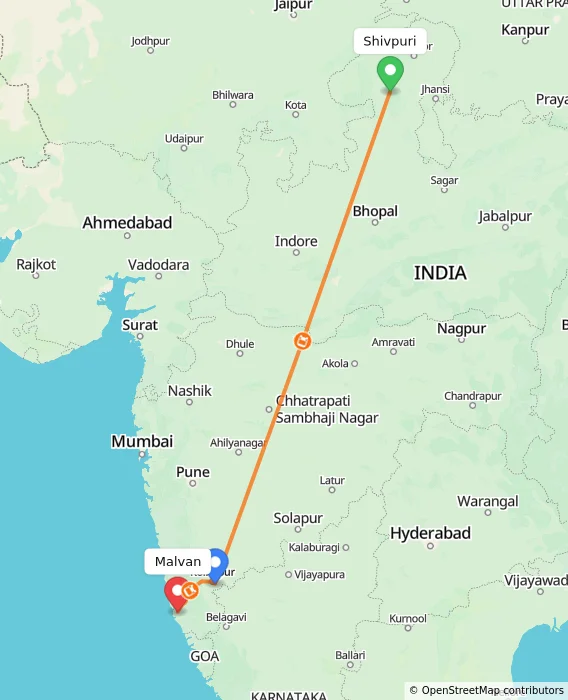 Route map showing distance and travel time from Shivpuri, India to Malvan, India