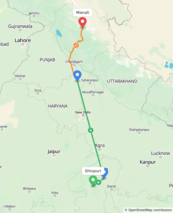Route map showing distance and travel time from Shivpuri, India to Manali, India