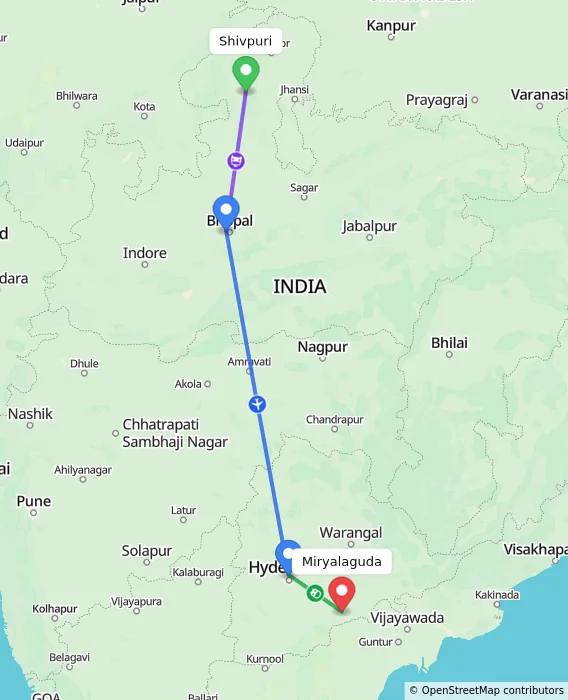 Route map showing distance and travel time from Shivpuri, India to Miryalaguda, India