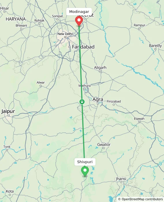 Route map showing distance and travel time from Shivpuri, India to Modinagar, India