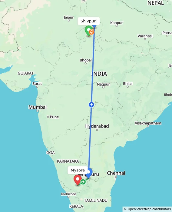 Route map showing distance and travel time from Shivpuri, India to Mysore, India