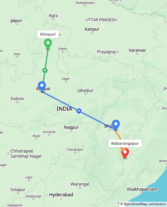 Route map showing distance and travel time from Shivpuri, India to Nabarangapur, India