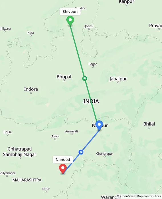 Route map showing distance and travel time from Shivpuri, India to Nanded, India