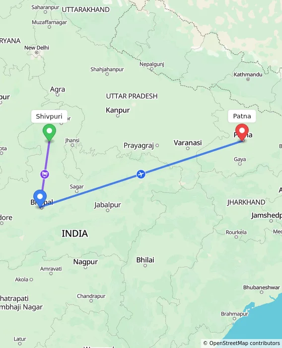 Route map showing distance and travel time from Shivpuri, India to Patna, India