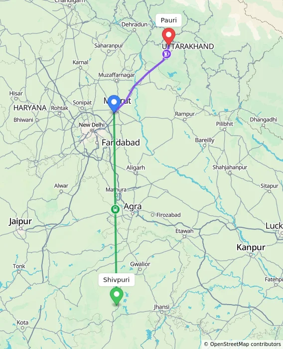 Route map showing distance and travel time from Shivpuri, India to Pauri, India