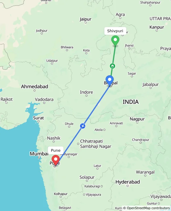 Route map showing distance and travel time from Shivpuri, India to Pune, India