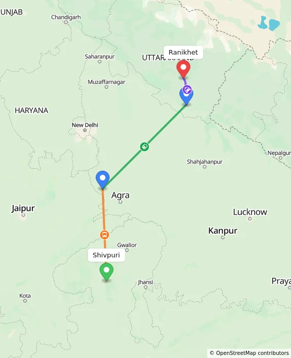 Route map showing distance and travel time from Shivpuri, India to Ranikhet, India