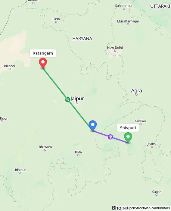 Route map showing distance and travel time from Shivpuri, India to Ratangarh, India
