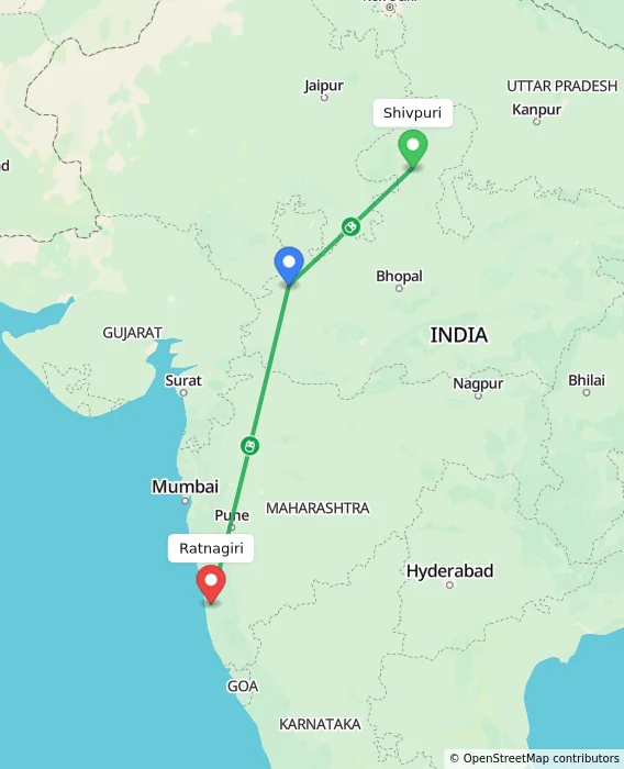 Route map showing distance and travel time from Shivpuri, India to Ratnagiri, India