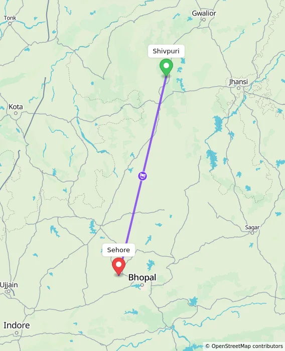 Route map showing distance and travel time from Shivpuri, India to Sehore, India