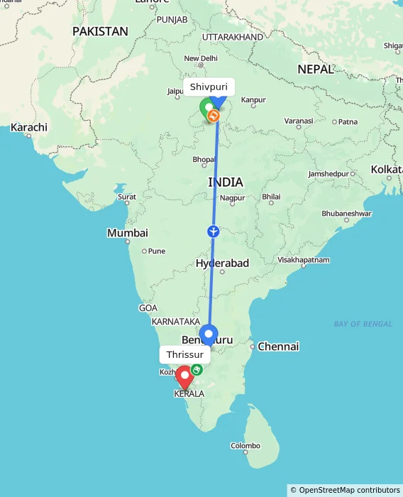 Route map showing distance and travel time from Shivpuri, India to Thrissur, India